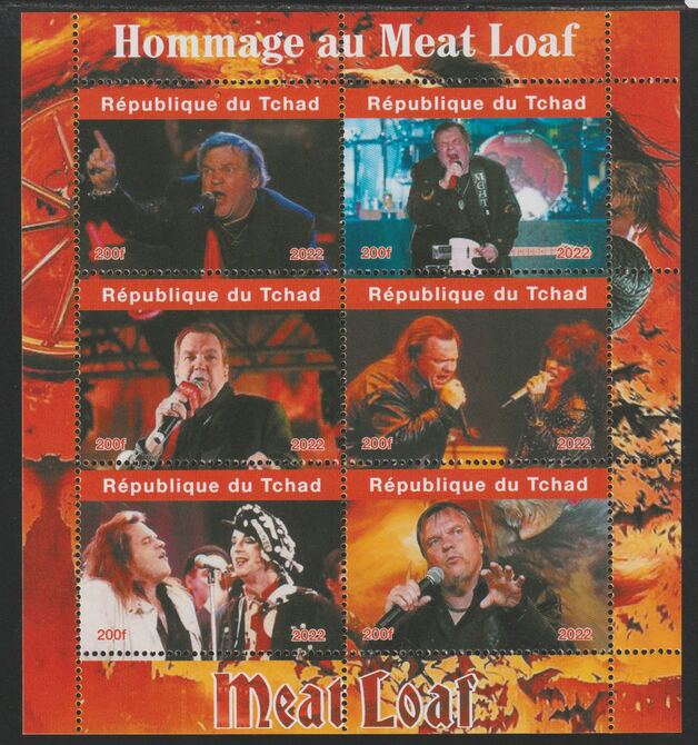 Chad 2022 Tribute to Meatloaf perf sheetlet containing  set of 6 values unmounted mint, privately produced offered purely on its thematic appeal, stamps on personalities, stamps on rock, stamps on music, stamps on meatloaf