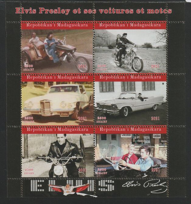 Madagascar 2021 Elvis - His Cars & Motorcycles perf sheetlet containing  set of 6 values unmounted mint, privately produced offered purely on its thematic appeal, stamps on personalityies, stamps on elvis, stamps on music, stamps on films, stamps on cars, stamps on motorcycles, stamps on 
