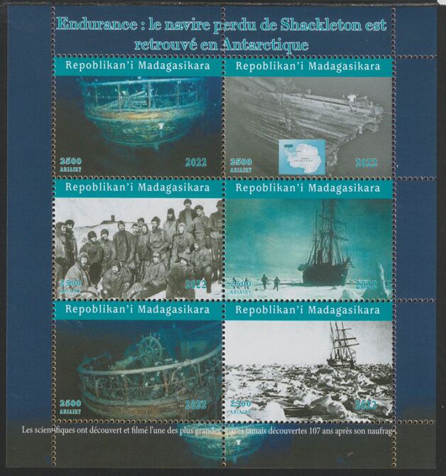 Madagascar 2022 Shackleton & Endurance #2 perf sheetlet containing  set of 6 values unmounted mint, privately produced offered purely on its thematic appeal, stamps on personalities, stamps on explorers, stamps on shackleton, stamps on ships, stamps on endurance, stamps on polar