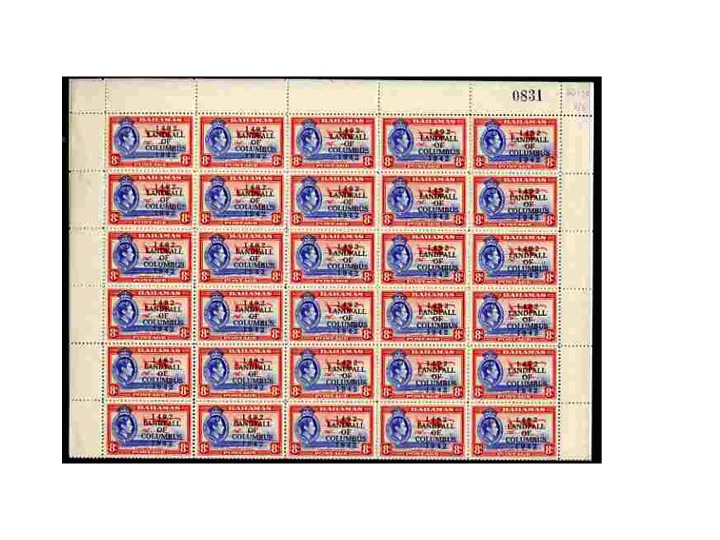 Bahamas 1942 KG6 Landfall of Columbus 8d ultramarine & scarlet (Flamingos) complete sheet of 60 including overprint varieties R6/2 (Broken 2), R7/1 (Co.lumbus) among others, a few split perfs otherwise fine unmounted mint, stamps on , stamps on  kg6 , stamps on varieties, stamps on columbus, stamps on explorers, stamps on birds, stamps on flamingos