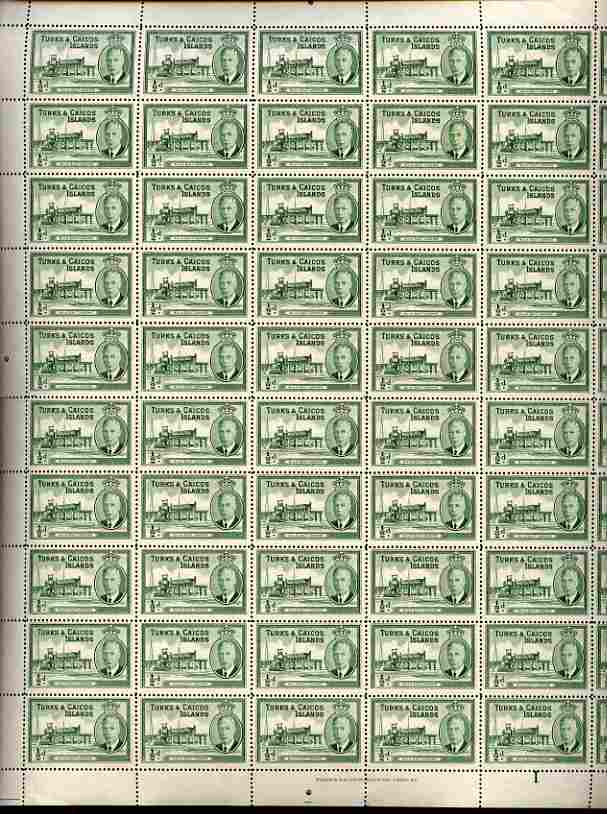 Turks & Caicos Islands 1950 KG6 Bulk Salt Loading 1/2d green in complete sheet of 60 folded but unmounted mint, SG 221, stamps on salt, stamps on herbs, stamps on spices, stamps on food, stamps on , stamps on  kg6 , stamps on , stamps on minerals