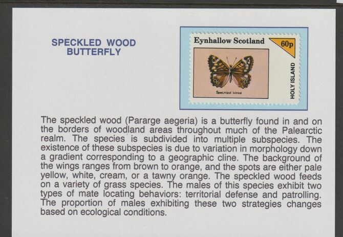 Eynhallow 1982 Butterflies - Speckled Wood 60p mounted on glossy card with historical notes - privately produced 150mm x 100mm, stamps on butterflies