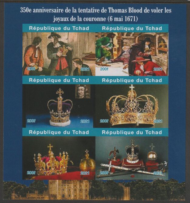 Chad 2021 350th Anniversary of Thomas Bloods Attempt to Steal the Crown Jewels imperf sheetlet containing  set of 6 values unmounted mint, privately produced offered pure..., stamps on royalty, stamps on jewellry
