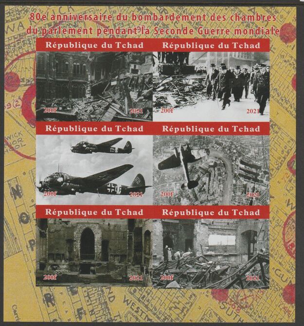 Chad 2021 80th Anniversary of Bombing Raid on Houses of Parliament during WW2 imperf sheetlet containing  set of 6 values unmounted mint, privately produced offered purel..., stamps on buildings, stamps on constitutions, stamps on aviation, stamps on churchill, stamps on  ww2 , stamps on 