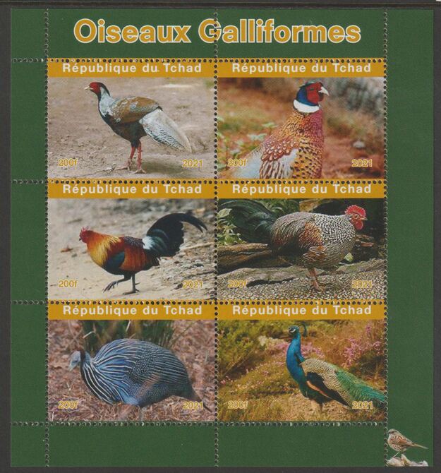 Chad 2021 Game Birds perf sheetlet containing  set of 6 values unmounted mint, privately produced offered purely on its thematic appeal, stamps on birds, stamps on peacocks, stamps on pheasants