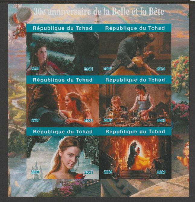 Chad 2021 Beauty & the Beast - 30th Anniversary imperf sheetlet containing  set of 6 values unmounted mint, privately produced offered purely on its thematic appeal, stamps on movies, stamps on , stamps on films, stamps on cinema, stamps on 