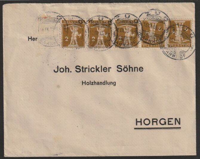 Switzerland 1913 cover bearing Tells Son 2c tete-beche strip of 5 (type c) with Zug cancels, stamps on archery, stamps on tete-beche, stamps on 