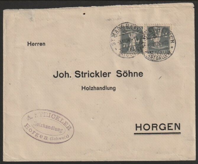 Switzerland 1920 cover bearing Tells Son 7.5c grey tete-beche pair (type b) with St Margrethen cancels, stamps on archery, stamps on tete-beche, stamps on 