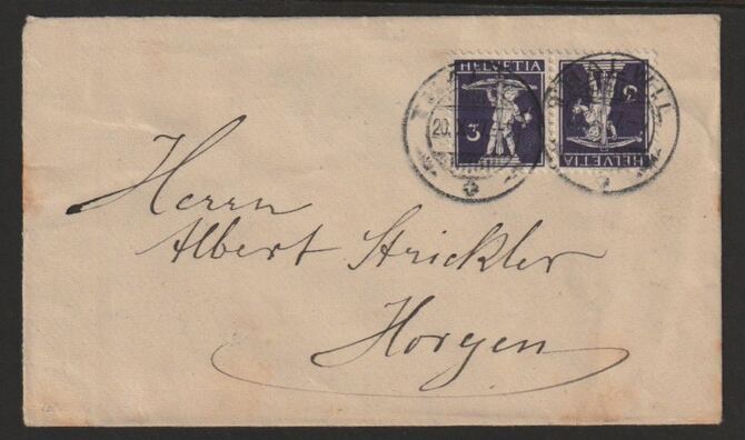 Switzerland 1927 (?) cover bearing Tells Son 3c violet  tete-beche pair (type b) with Ambulant cancels, stamps on archery, stamps on tete-beche, stamps on 