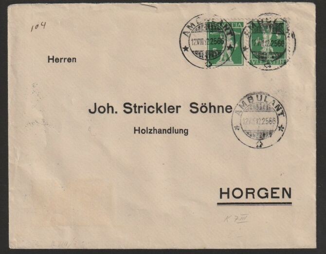 Switzerland 1925 cover bearing Tells Son 5c green  tete-beche pair (type b) with St unclear cancels, stamps on archery, stamps on tete-beche, stamps on 