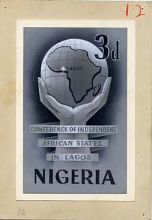 Nigeria 1962 Lagos Conference original hand-painted artwork (possibly by M Shamir) of 3d value showing hand holding Globe, on card 4x6.5 , stamps on 