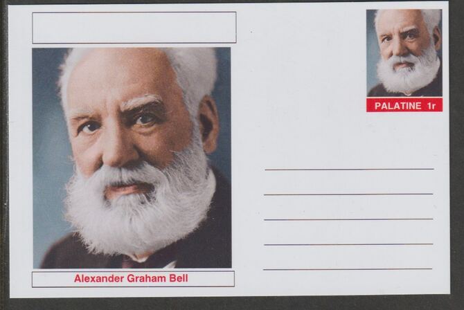 Palatine (Fantasy) Personalities - Alexander Graham Bell postal stationery card unused and fine, stamps on , stamps on  stamps on personalities, stamps on  stamps on inventions, stamps on  stamps on deaf, stamps on  stamps on telephone, stamps on  stamps on communications, stamps on  stamps on scots, stamps on  stamps on scotland