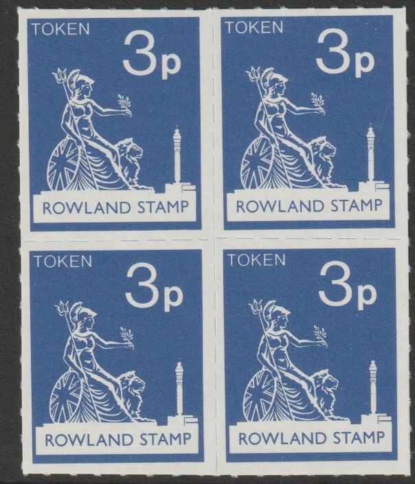 Great Britain 1972 Rowland School 3p token label in the same colour as the Machin 3p definitive for use in training, fine unmounted mint block of 4, stamps on cinderella, stamps on postal