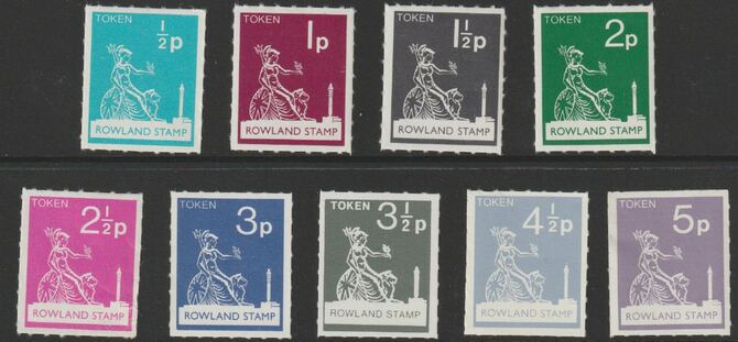 Great Britain 1972 Rowland School complete set of 9 token labels each in the same colour as the Machin definitives (1/2p to 5p) for use in training, fine unmounted mint, stamps on cinderella, stamps on postal