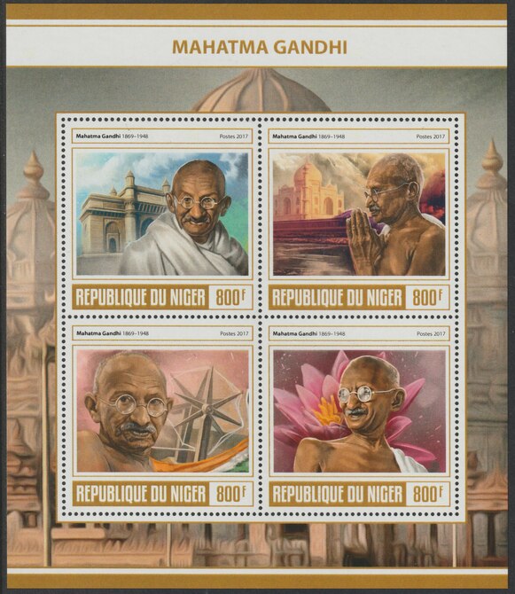 Niger Republic 2017 Mahatma Gandhi perf sheet containing 4 values unmounted mint, stamps on , stamps on  stamps on personalities, stamps on  stamps on gandhi, stamps on  stamps on constitutions