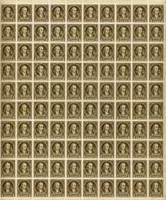 United States 1932 Washington 1/2c sepia complete sheet of 100, margins intact on two sides, SG 704, stamps on washington, stamps on usa presidents, stamps on americana, stamps on constitutions