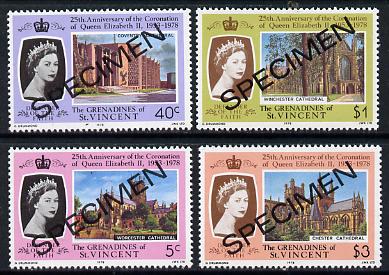 St Vincent - Grenadines 1978 Coronation 25th Anniversary set of 4 (Cathedrals) optd Specimen unmounted mint, as SG 130-33, stamps on churches, stamps on royalty, stamps on coronation, stamps on cathedrals