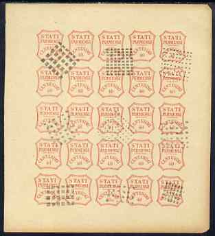 Italy - Parma 1859 issue Spiro Forgery complete imperf sheet of 25 x 40c red used, stamps on 