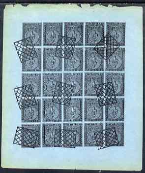 Italy - Parma 1852 issue Spiro Forgery complete imperf sheet of 25 x 40c black on pale blue used, stamps on 