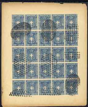 Italy - Tuscany 1860 issue Spiro Forgery complete imperf sheet of 25 x 20c blue (Arms) used, stamps on 