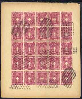 Italy - Tuscany 1860 issue Spiro Forgery complete imperf sheet of 25 x 40c rose (Arms) used, stamps on 