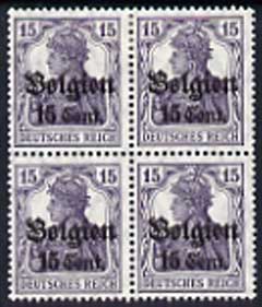 Belgium - German Occupation 1916 Germania 15c on 15pf fine mounted mint block of 4 incl stamps 38 & 47 with narrow space with Berlingin cert, Mi 16a, stamps on 