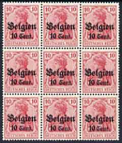 Belgium - German Occupation 1916 Germania 10c on 10pf fine mounted mint block of 9 incl stamp 28 with 'wide space' with Berlingin cert, Mi 14a1, stamps on , stamps on  stamps on belgium - german occupation 1916 germania 10c on 10pf fine mounted mint block of 9 incl stamp 28 with 'wide space' with berlingin cert, stamps on  stamps on  mi 14a1