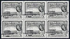 Guyana 1967-68 Independence opt on 1c (Script CA) unmounted mint block of 6 with opt misplaced (just touching perfs at left) SG 420var, stamps on 