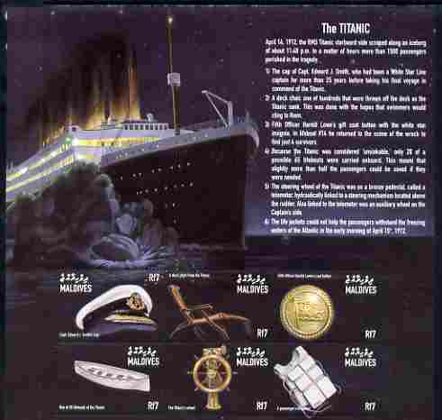 Maldive Islands 1998 RMS Titanic Commemoration perf sheetlet containing set of 6 values unmounted mint SG 5282-87, stamps on ships, stamps on disasters