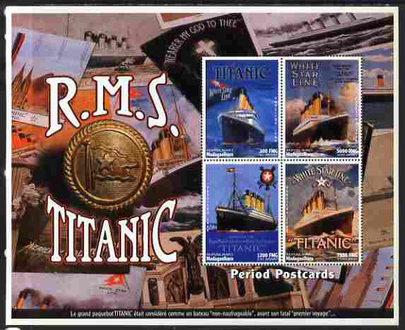 Madagascar 1997 RMS Titanic Commemoration perf sheetlet containing 4 values unmounted mint. Note this item is privately produced and is offered purely on its thematic appeal , stamps on ships, stamps on disasters