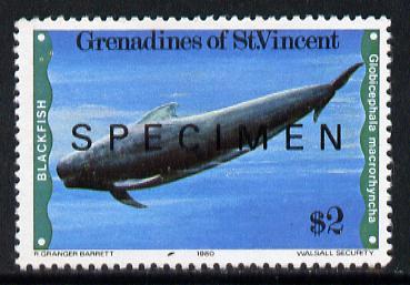 St Vincent - Grenadines 1980 Whales & Dolphins $2 (Blackfish) optd Specimen unmounted mint, as SG 166, stamps on animals, stamps on marine life, stamps on whales
