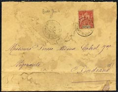Martinique 1908 cover (stained) to Bordeaux bearing 10c red & blue tied Basse cds, stamps on 
