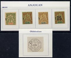 Comoro Islands - Anjouan 1892-1912 4 Peace & Commerce forgeries & 1 cancellation by Francois Fournier on pieces from special album, stamps on 