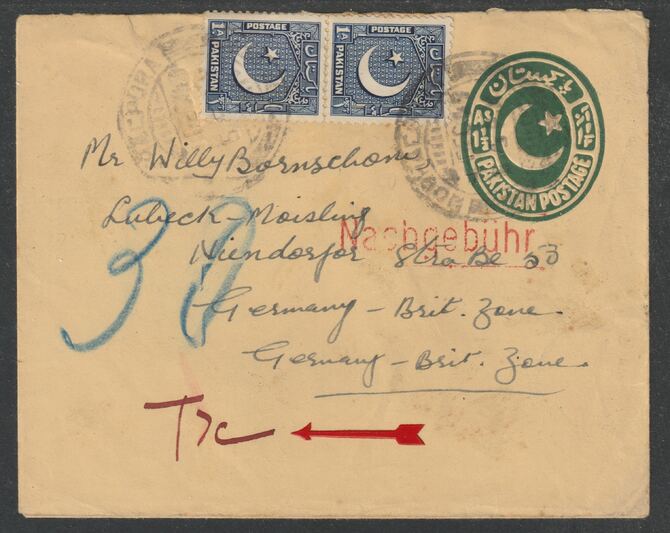 Germany - Allied Occupation 1949 underpaid p/stat env from Pakistan endorsed Nasbgeb\9Fhr in red with T7c in m/s, stamps on 