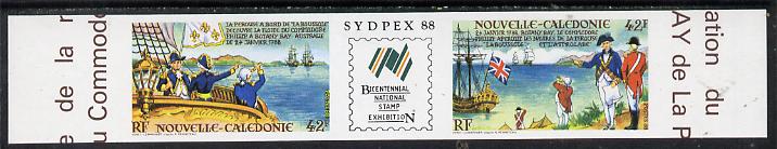 New Caledonia 1988 'Sydpex 88' Stamp Exhibition imperf se-tenant strip (La P\8Erouse & Phillip) from limited printing unmounted mint, as SG 834a, stamps on ships      explorers     stamp exhibitions    