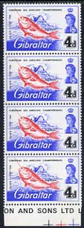Gibraltar 1966 European Sea Angling Championships 4d unmounted mint positional strip of 4, one stamp showing â€˜broken dâ€™ variety  (Row 9/3), stamps on 