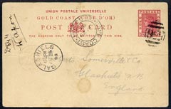 Gold Coast 1898 QV 1d p/stat card to UK with 556 cancel & Cape Coast date stamp alongside, horiz fold, stamps on , stamps on  qv , stamps on 