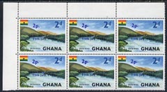 Ghana 1965 New Currency 2p on 2d Volta River unmounted mint block of 6, one stamp with variety Broken c in Currency R2/3, stamps on 