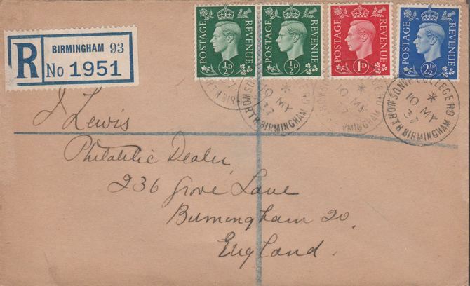 Great Britain 1937 KG6 1/2d (2), 1d & 2.5d on reg envelope with first day cancels. Note I have a small quantity of these covers so the one you receive may not be identical to the one illustrated, stamps on , stamps on  kg6 , stamps on 