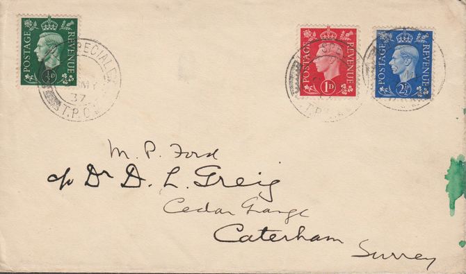 Great Britain 1937 KG6 1/2d, 1d & 2.5d on cover with clear TPO cancel of 9th May - one day before issue!, stamps on , stamps on  kg6 , stamps on 