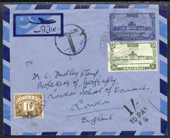 Great Britain 1952 KG6 p/stat Airmail env from Pakistan with Circle T & 1s To Pay FS tax marks  plus Great Britain 1s Postage Due (SG 39) attractive item, stamps on , stamps on  kg6 , stamps on 