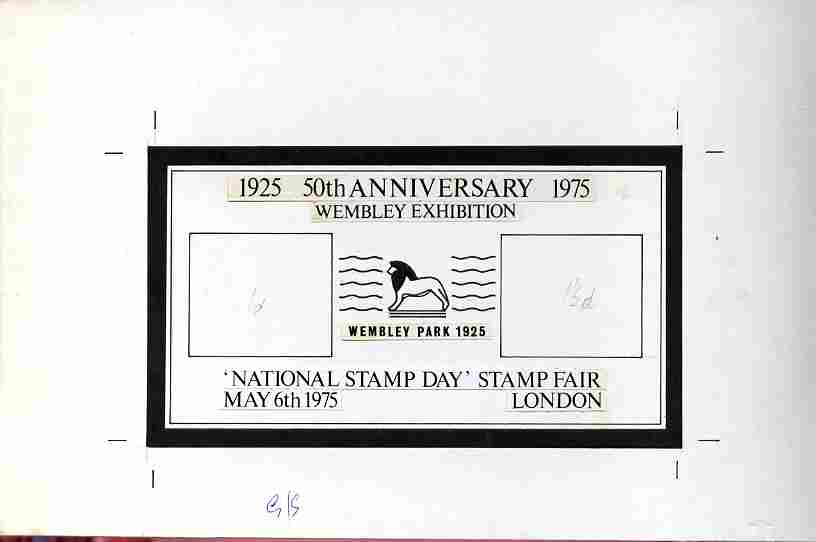 Exhibition souvenir sheet for 1975 National Stamp Day - Original hand-drawn artwork for outer frame on board 230 x 145 mm (image 143 x 80 mm) with artists rough showing i..., stamps on cinderella, stamps on wembley, stamps on stamp exhibitions, stamps on stampon, stamps on stamp on stamp, stamps on lions