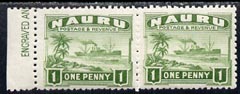 Nauru 1924-48 Century (Freighter) 1d green unmounted mint horiz pair, one stamp with vert guide line through l/hand value tablet, SG 27Avar, stamps on 