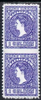 Surinam 1907 Queen Wilhelmina 1g vert pair imperf between being a 'Hialeah' forgery on gummed paper (as SG 102var), stamps on 