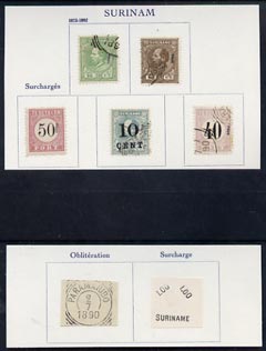 Netherlands - Surinam 7 forgery items on pieces from Fournier album (5 stamps, surcharge & cancellation), stamps on 
