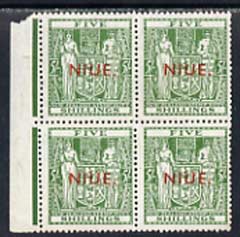 Niue 1941 KG6 Postal Fiscal Arms 5s unmounted mint block of 4 (v light gum discolouration) SG 84, stamps on , stamps on  kg6 , stamps on 