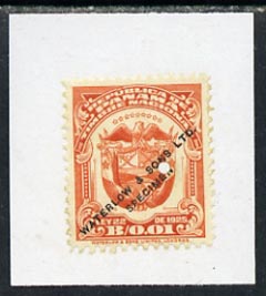 Panama 1925 colour trial proof of 1c Timbre National (Arms) in orange affixed to small piece overprinted Waterlow & Sons Ltd, Specimen with small security puncture, stamps on 