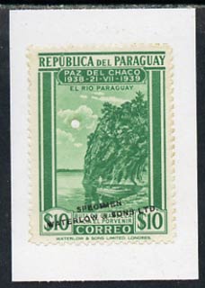 Paraguay 1940 colour trial proof of 10p Fishing (SG 540) in green affixed to small piece overprinted Waterlow & Sons Ltd, Specimen with small security puncture, stamps on 