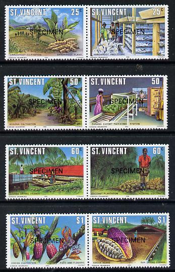 St Vincent 1981 Agriculture set of 8 (4 se-tenant pairs) opt'd Specimen unmounted mint, as SG 660-67 , stamps on agriculture, stamps on food, stamps on bananas, stamps on cocoa, stamps on copra