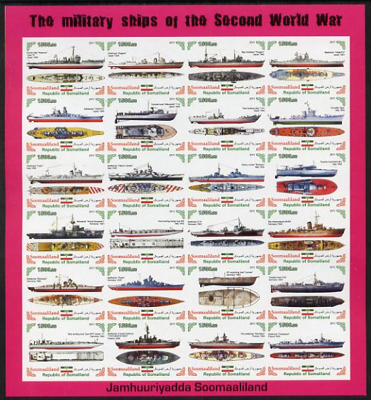 Somaliland 2011 Military Ships of WW2 #1 imperf sheetlet containing 24 values unmounted mint, stamps on , stamps on  ww2 , stamps on militaria, stamps on ships